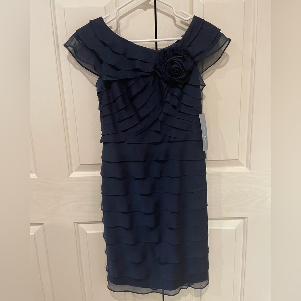 London Times, Navy sleeveless, shirred Cocktail Dress